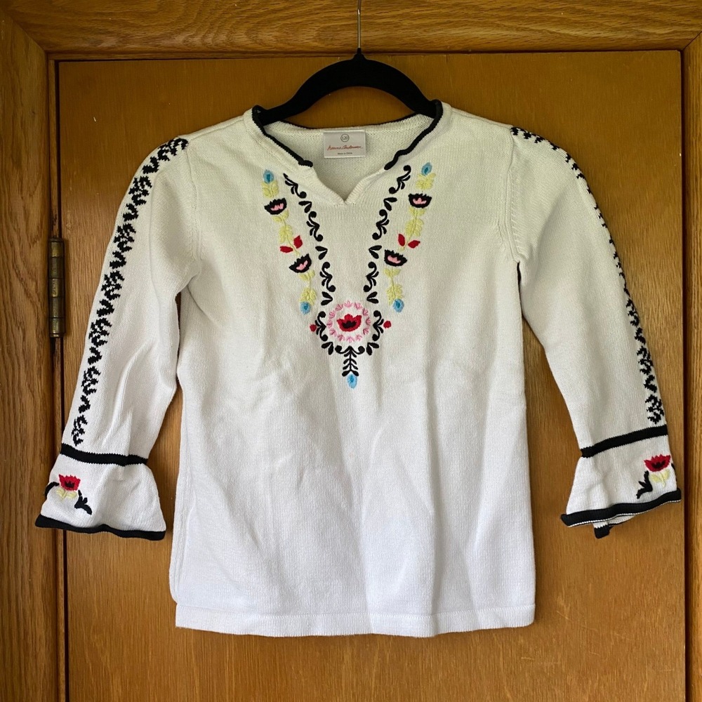 Hanna Andersson Floral Embroidered White Bell Sleeve Sweater 6 7 120 Cotton Boho